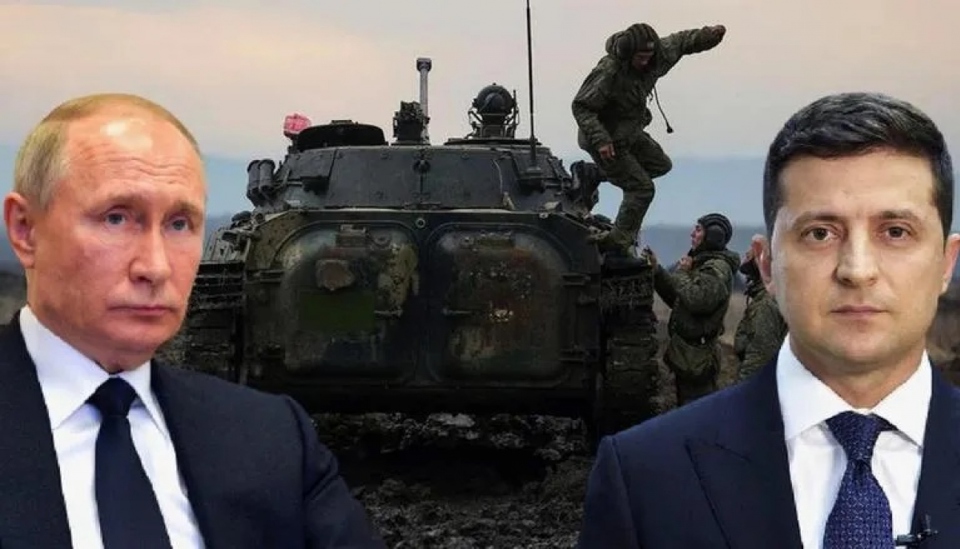 Tổng thống Putin (trái) và Tổng thống Zelensky ở hai bên chiến tuyến trong cuộc xung đột quân sự Nga - Ukraine 2022. Ảnh: AP