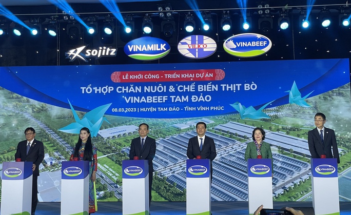 Phó Thủ tướng Chính phủ Trần Lưu Quang cùng các đại biểu ấn nút khởi công tổ hợp chăn nuôi - chế biến thịt bò Vinabeef Tam Đảo. Ảnh: Hải Mạnh