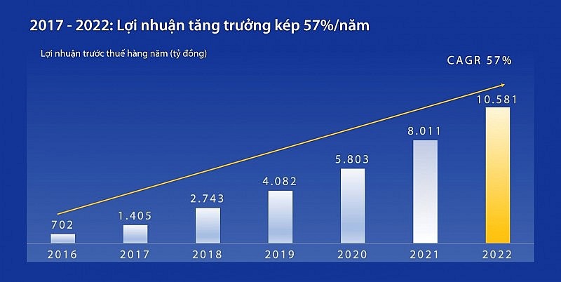 Tăng trưởng lợi nhuận h&agrave;ng năm, 2017-2022. Nguồn: BCTC, 2016-2022