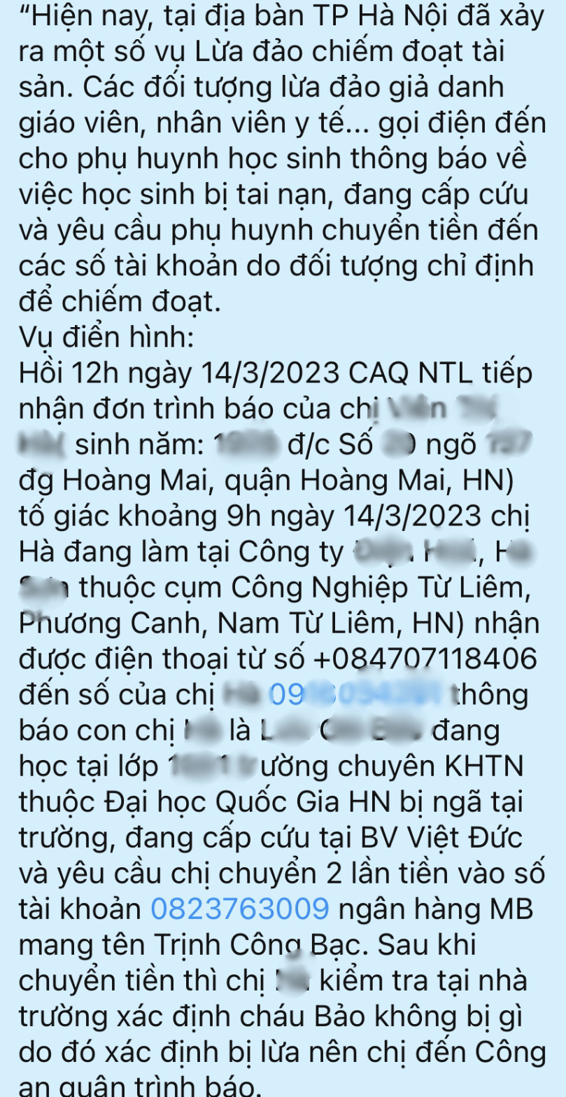 Thông báo gửi phụ huynh trường THCS và THPT Nguyễn Tất Thành có nêu trường hợp bị lừa chuyển tiền