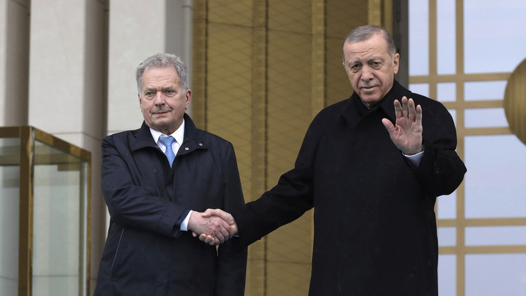 Tổng thống Thổ Nhĩ Kỳ Recep Tayyip Erdogan (phải) v&agrave; người đồng cấp Phần Lan Sauli Niinisto. Ảnh: Getty