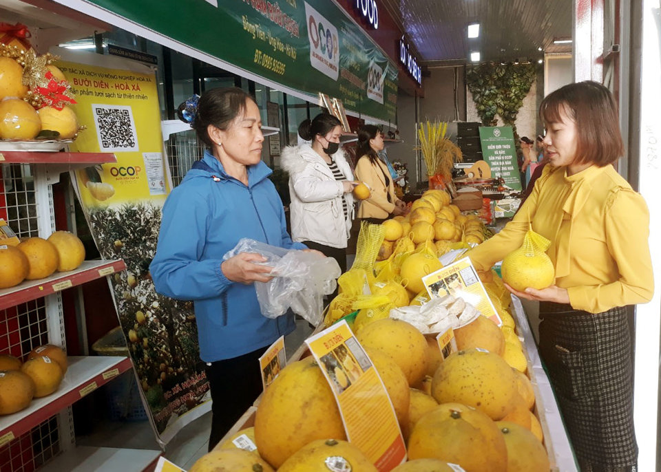 Người ti&ecirc;u d&ugrave;ng mua bưởi đạt ti&ecirc;u chuẩn OCOP tại ại điểm b&aacute;n v&agrave; giới thiệu sản phẩm OCOP huyện Mỹ Đức (H&agrave; Nội). Ảnh: Ho&agrave;i Nam