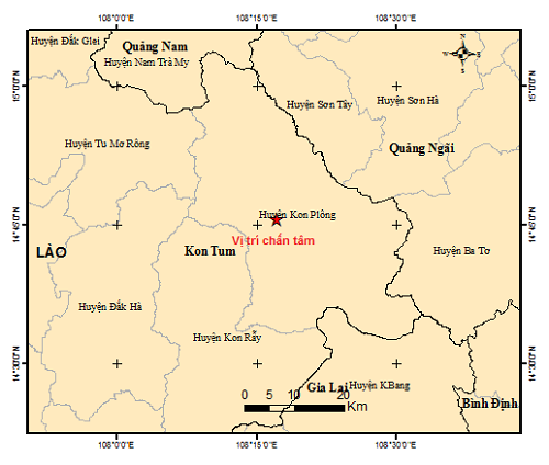 Động đất xảy ra tại khu vực&nbsp;huyện Kon Pl&ocirc;ng, tỉnh Kon Tum l&uacute;c 20 giờ tối 29/3/2023.