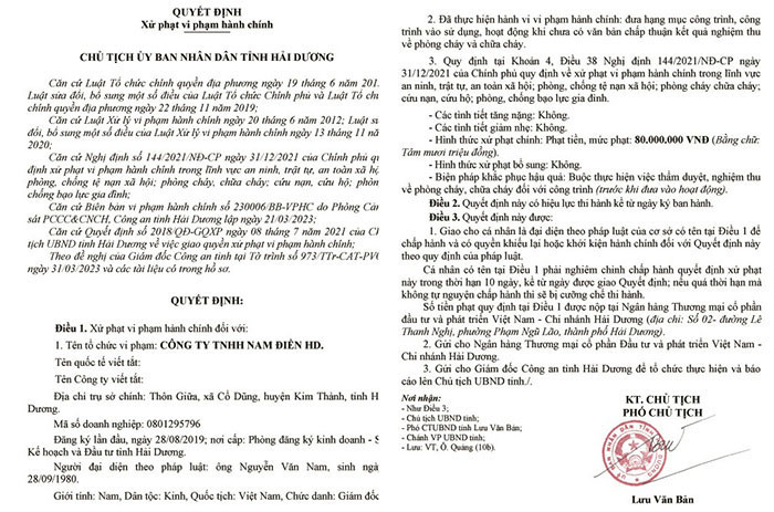 Quyết định xử phạt của Ph&oacute; Chủ tịch UBND tỉnh Hải Dương đối với C&ocirc;ng ty TNHH&nbsp;Nam Điền Hải Dương.