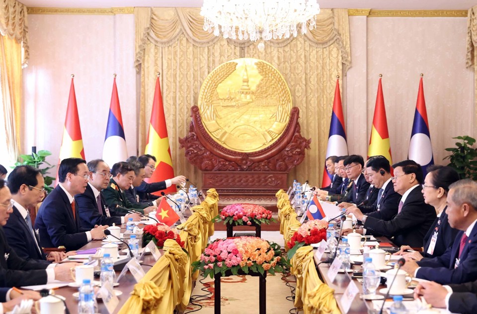 Chủ tịch nước Võ Văn Thưởng hội đàm với Tổng Bí thư, Chủ tịch nước Lào Thongloun Sisoulith - Ảnh: TTXVN