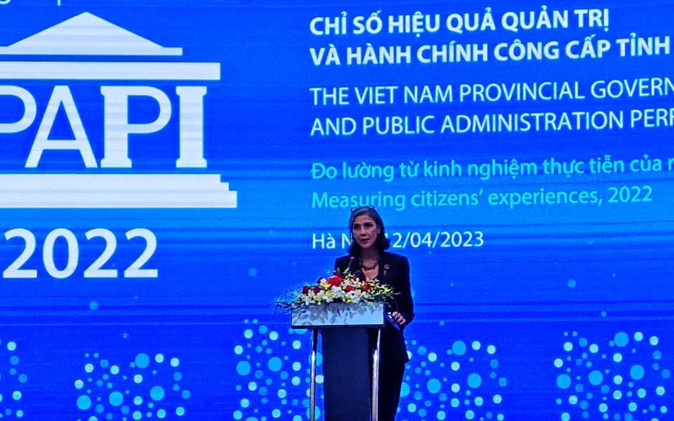Trưởng đại diện thường tr&uacute; UNDP tại Việt Nam Ramla Khalidi khai mạc Lễ c&ocirc;ng bố Chỉ số Hiệu quả quản trị v&agrave; h&agrave;nh ch&iacute;nh c&ocirc;ng cấp tỉnh tại Việt Nam - PAPI 2022
