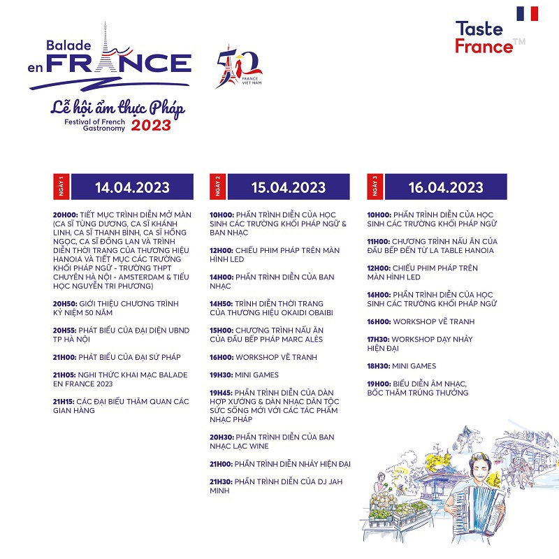 Chương tr&igrave;nh dự kiến của lễ hội Balade en France từ ng&agrave;y 14-16/4/2023..