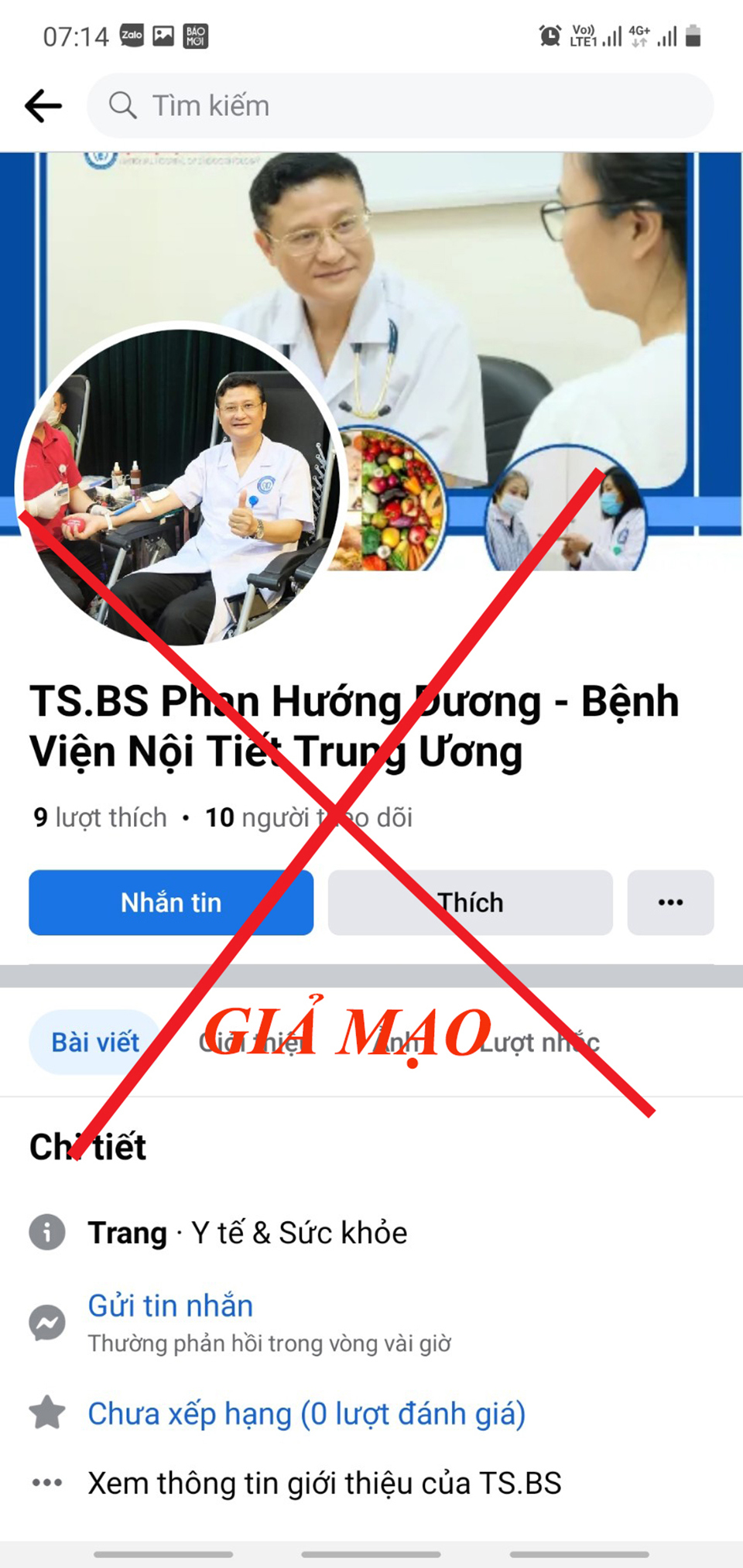 Facebook lấy h&igrave;nh ảnh v&agrave; t&ecirc;n của TS Phan Hướng Dương - Ph&oacute; Gi&aacute;m đốc Bệnh viện Nội tiết Trung ương để giới thiệu sản phẩm, tư vấn điều trị bệnh l&agrave; trang giả mạo.