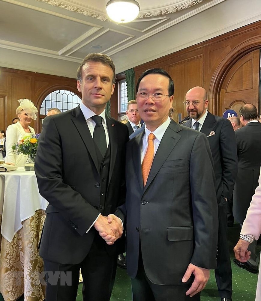 Chủ tịch nước V&otilde; Văn Thưởng gặp Tổng thống Ph&aacute;p Emmanuel Macron. Ảnh: TTXVN&nbsp;