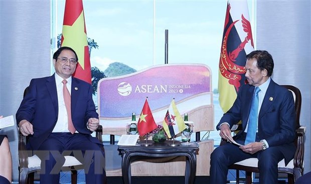 Thủ tướng Phạm Minh Ch&iacute;nh gặp Quốc vương Brunei Hassanal Bolkiah. (Ảnh: Dương Giang/TTXVN)