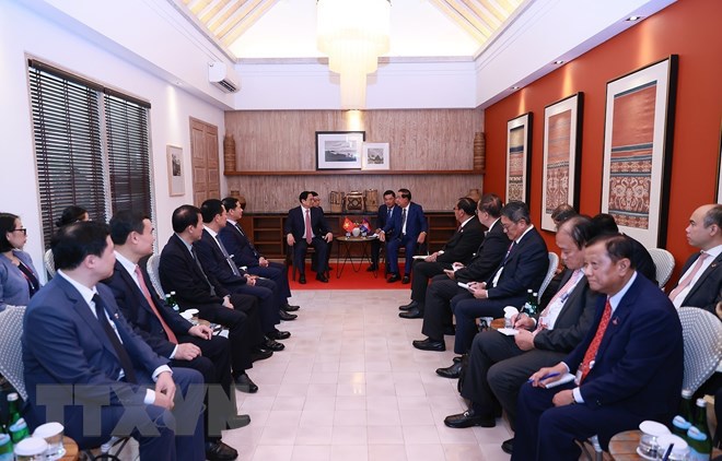 Quang cảnh buổi gặp giữa Thủ tướng Phạm Minh Ch&iacute;nh v&agrave; Thủ tướng Campuchia Hun Sen. Ảnh: Dương Giang/TTXVN