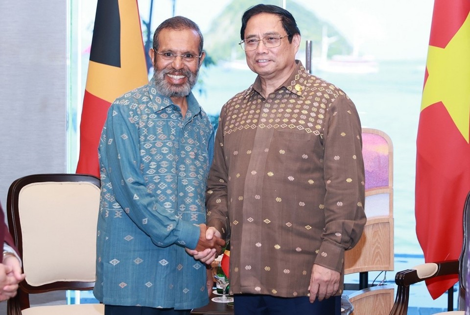 Thủ tướng Ch&iacute;nh phủ Phạm Minh Ch&iacute;nh gặp gỡ Thủ tướng Timor-Leste Taur Matan nh&acirc;n dịp c&ugrave;ng dự Hội nghị cấp cao ASEAN 42 tại Labuan Bajo, Indonesia. Ảnh: VOV
