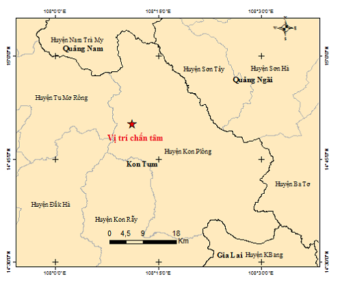 Vị tr&iacute; t&acirc;m chấn trận động đất 3.7 độ ở Kon Tum trưa nay.