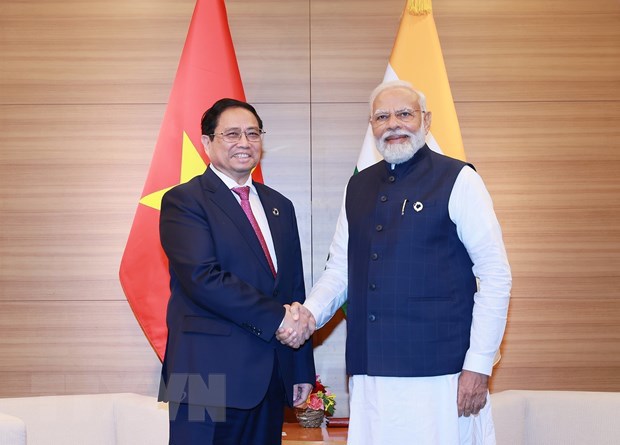 Thủ tướng Phạm Minh Ch&iacute;nh hội kiến Thủ tướng Ấn Độ Narendra Modi. (Ảnh: Dương Giang/TTXVN)