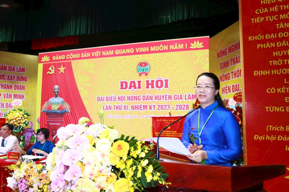 Chủ tịch Hội N&ocirc;ng d&acirc;n TP H&agrave; Nội Phạm Hải Hoa ph&aacute;t biểu tại Đại hội