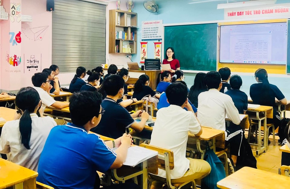 Học sinh khối 9 Trường THCS Thái Thịnh, quận Đống Đa được nghe phổ biến Quy chế thi - Kỳ thi vào lớp 10 (Ảnh: FBNT)