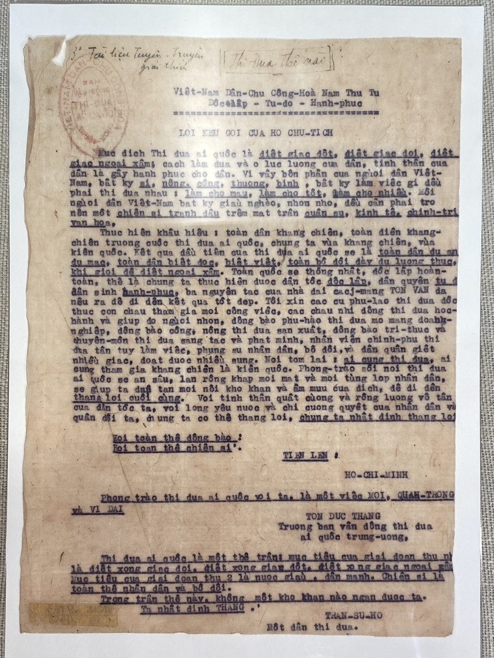 Lời k&ecirc;u gọi của Chủ tịch Hồ Ch&iacute; Minh về thi đua &aacute;i quốc ng&agrave;y 11/6/1948 (t&agrave;i liệu tuy&ecirc;n truyền-bản đ&aacute;nh m&aacute;y tr&ecirc;n giấy d&oacute;).&nbsp;