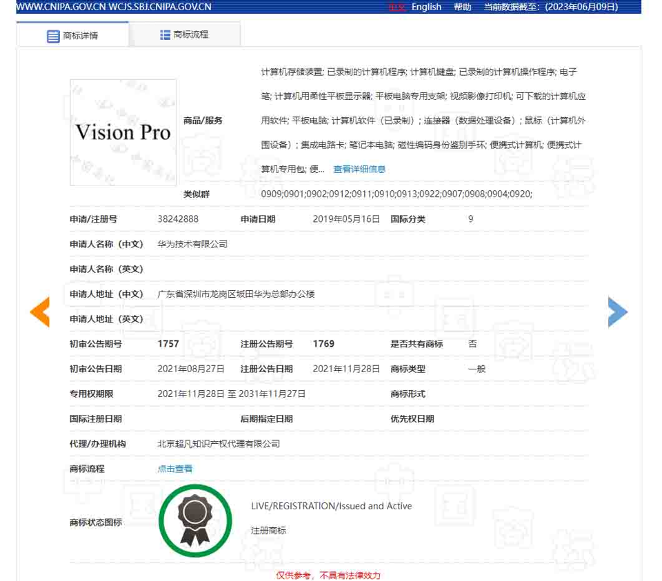 Nh&atilde;n hiệu Vision Pro được Huawei đăng k&yacute; từ 2019.