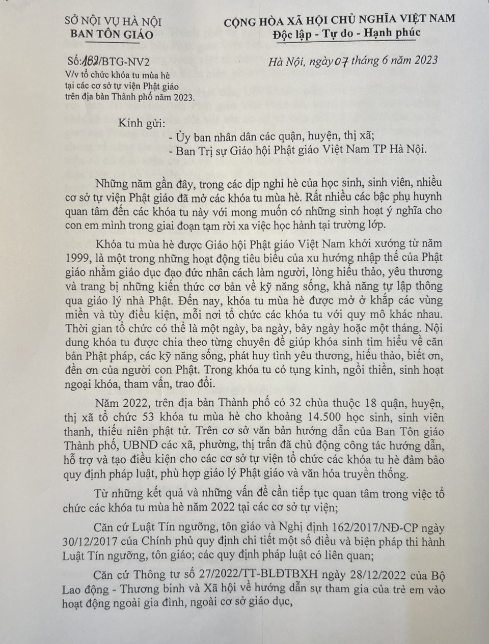Ng&agrave;y 7/6/2023, Ban T&ocirc;n gi&aacute;o TP H&agrave; Nội đ&atilde; c&oacute; Văn bản số 182/BTG-NV2 về việc việc tổ chức kho&aacute; tu m&ugrave;a h&egrave; tại c&aacute;c cơ sở tự viện Phật gi&aacute;o tr&ecirc;n địa b&agrave;n TP năm 2023.