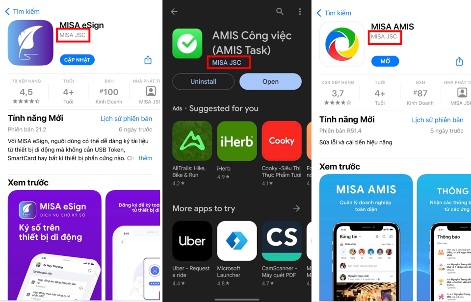 C&aacute;c ứng dụng di động của MISA ph&aacute;t h&agrave;nh đều ở tr&ecirc;n c&aacute;c chợ ứng dụng như App Store, Google Play Store v&agrave; c&oacute; t&ecirc;n nh&agrave; ph&aacute;t triển l&agrave; MISA JSC.