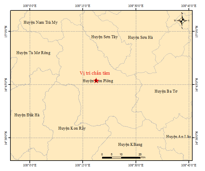 T&acirc;m chấn động đất tại tỉnh Kon Tum l&uacute;c 09 giờ 32 ph&uacute;t 10 gi&acirc;y ng&agrave;y 7/7/2023.