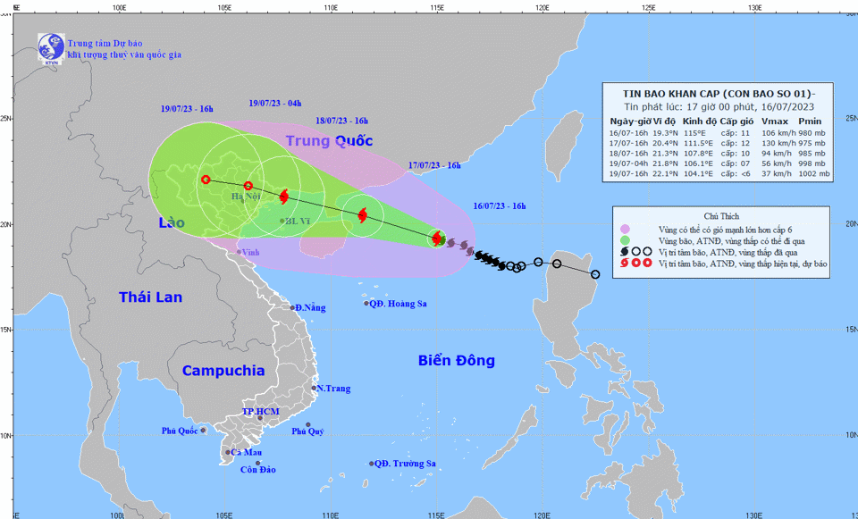 Đường đi của cơn b&atilde;o số 1 t&iacute;nh đến 17 giờ chiều nay 16/7/2023. Ảnh doTrung t&acirc;m Dự b&aacute;o Kh&iacute; tượng thủy văn Quốc gia cung cấp.