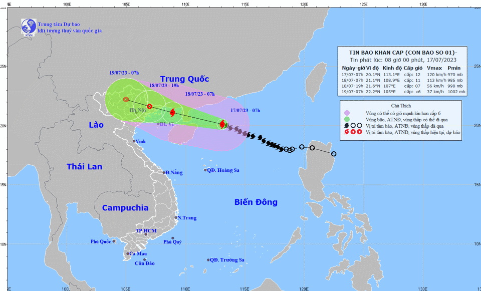 Đường đi của cơn b&atilde;o số 1 l&uacute;c 7 giờ s&aacute;ng 17/7/2023.