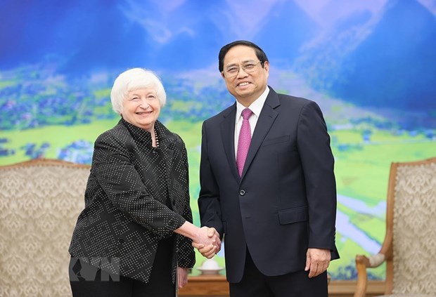 Thủ tướng Phạm Minh Ch&iacute;nh v&agrave; Bộ trưởng T&agrave;i ch&iacute;nh Hoa Kỳ Janet Yellen. (Ảnh: Dương Giang/TTXVN)