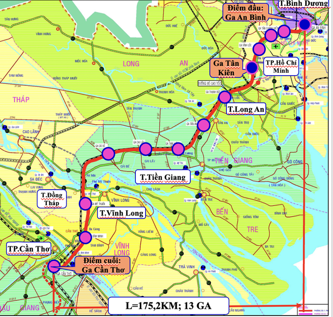 Dự &aacute;n đường sắt TP.HCM - Cần Thơ c&oacute; tổng chiều d&agrave;i hơn 175km, đi qua địa b&agrave;n s&aacute;u tỉnh, TP.