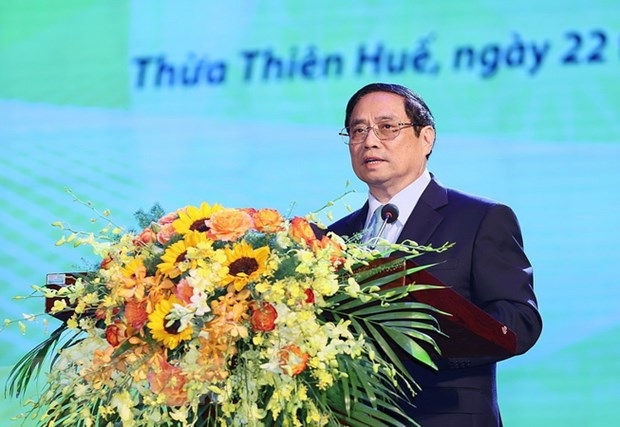 Thủ tướng Phạm Minh Ch&iacute;nh ph&aacute;t biểu tại Hội nghị Biểu dương Người c&oacute; c&ocirc;ng với C&aacute;ch mạng Ti&ecirc;u biểu To&agrave;n quốc năm 2023. (Ảnh: Dương Giang/TTXVN) &nbsp;