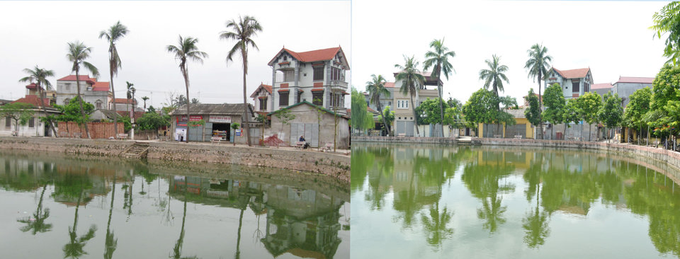 Đặc biệt, đến nay huyện có 12/15 xã đạt chuẩn nông thôn mới kiểu mẫu, là địa phương dẫn đầu của Thành phố Hà Nội về xây dựng nông thôn mới kiểu mẫu, được nhiều đoàn của các tỉnh, thành phố về thăm quan học tập. Trong ảnh: Thay đổi diện mạo cảnh quan môi trường xã Song Phượng năm 2011 (bên trái) và 2014 (bên phải).