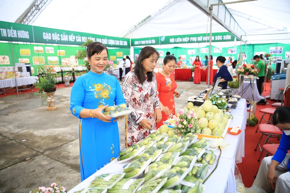 Kh&aacute;ch h&agrave;ng t&igrave;m hiểu sản phẩm tại hội chợ c&aacute;c sản phẩm OCOP ở huyện S&oacute;c Sơn. Ảnh: Phạm H&ugrave;ng&nbsp;