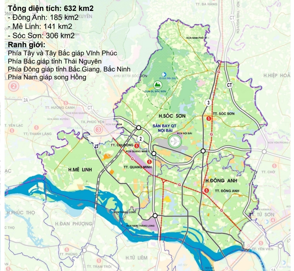 Sơ đồ ph&aacute;t triển kh&ocirc;ng gian v&ugrave;ng ph&iacute;a Bắc s&ocirc;ng Hồng gồm 3 huyện M&ecirc; Linh, Đ&ocirc;ng Anh, S&oacute;c Sơn