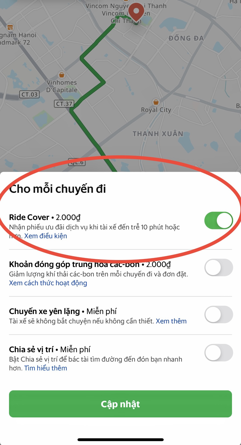 Mục Ride Cover của Grab tự mặc định kh&aacute;ch h&agrave;ng tham gia. Mục n&agrave;y c&oacute; nhiều nội dung về bảo hiểm nhưng chỉ hiển thị b&ecirc;n ngo&agrave;i l&agrave; &ldquo;Nhận phiếu ưu đ&atilde;i dịch vụ khi t&agrave;i xế đến trễ 10 ph&uacute;t hoặc hơn&rdquo;