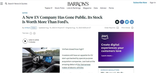 Barron&rsquo;s nhận định vốn h&oacute;a của VinFast hơn Ford v&agrave; nhiều h&atilde;ng xe lớn kh&aacute;c