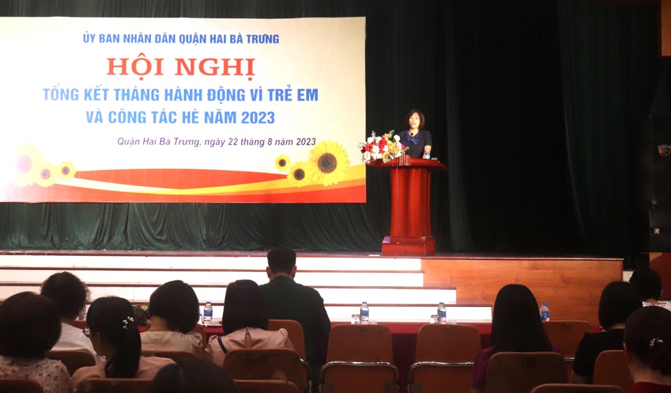 Quang cảnh&nbsp;Hội nghị tổng kết ''Th&aacute;ng h&agrave;nh động v&igrave; trẻ em'' v&agrave; c&ocirc;ng t&aacute;c h&egrave; năm 2023 do UBND quận Hai B&agrave; Trưng tổ chức