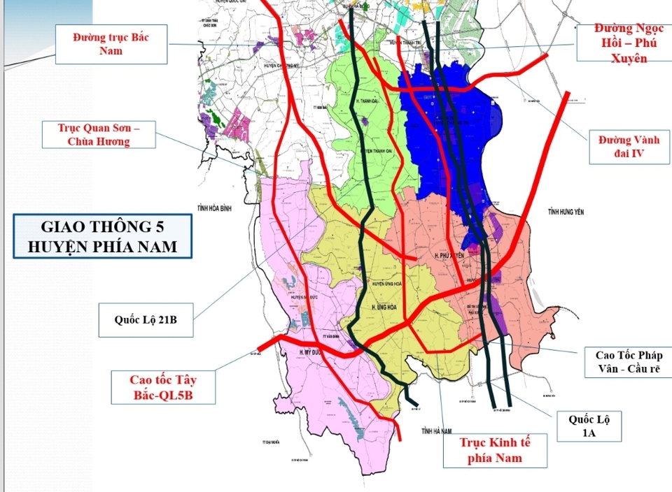 Sơ đồ minh họa định hướng ph&aacute;t triển giao th&ocirc;ng tại 5 huyện ph&iacute;a Nam Thủ đ&ocirc;.