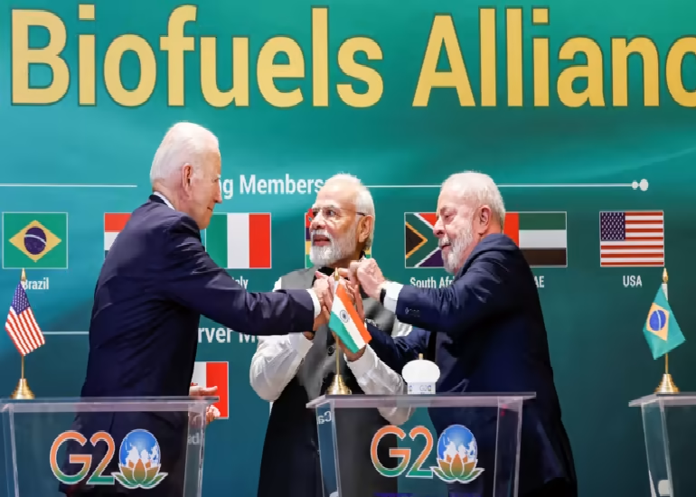 Tổng thống Mỹ Joe Biden, Thủ tướng Ấn Độ Modi v&agrave; Tổng thống Brazil Luiz Inacio Lula da Silva trong lễ ra mắt Li&ecirc;n minh Nhi&ecirc;n liệu Sinh học To&agrave;n cầu. Nguồn: Nikkei Asia.