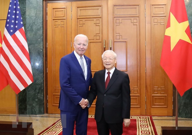 Tổng B&iacute; thư Nguyễn Ph&uacute; Trọng v&agrave; Tổng thống Mỹ Joe Biden. Ảnh: TTXVN