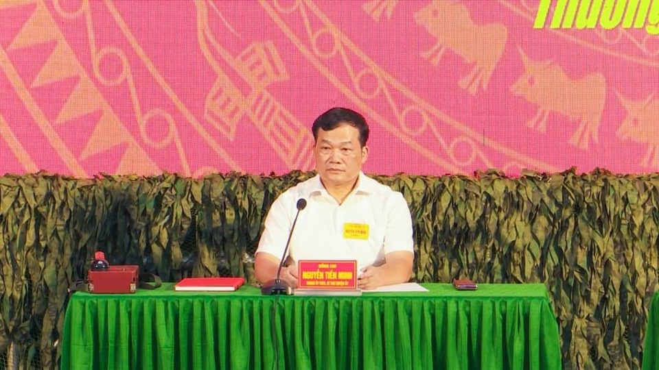 B&iacute; thư Huyện ủy Thường T&iacute;n Nguyễn Tiến Minh trong buổi khai mạc diễn tập khu vực ph&ograve;ng thủ huyện năm 2023