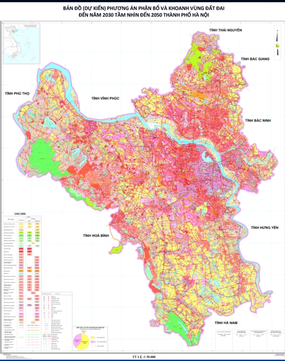 Bản đồ (dự kiến) phương án phân bổ và khoanh vùng đất đai đến năm 2030, tầm nhìn đến năm 2050 TP Hà Nội.