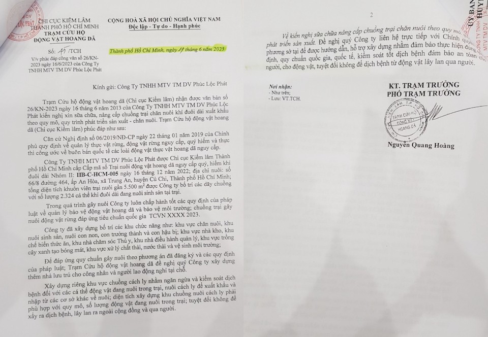 Chỉ 3 ng&agrave;y sau khi gửi kiến nghị, th&igrave; đến ng&agrave;y 19/6, Trạm cứu hộ động vật hoang d&atilde; của Chi cục kiểm l&acirc;m TP Hồ Ch&iacute; Minh đ&atilde; c&oacute; c&ocirc;ng văn ph&uacute;c đ&aacute;p hướng dẫn cho&nbsp;C&ocirc;ng ty Ph&uacute;c Lộc Ph&aacute;t