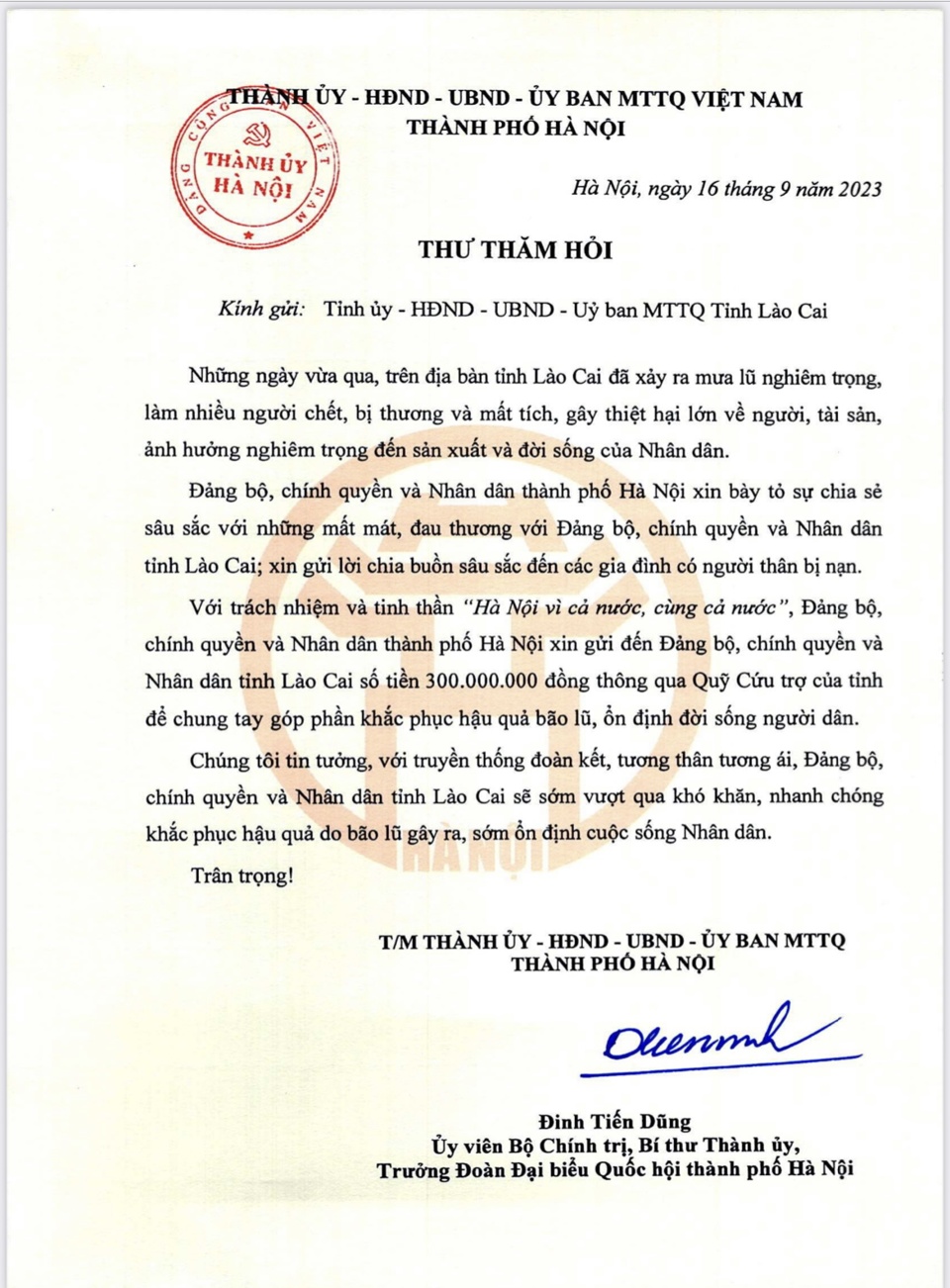 Hà Nội gửi thư thăm hỏi và hỗ trợ tới Nhân dân tỉnh Lào Cai - Ảnh 1