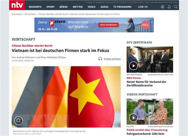 Trang NTV của Đức ng&agrave;y đăng b&agrave;i viết về sự hấp dẫn của thị trường Việt Nam. (Ảnh: TTXVN ph&aacute;t) &nbsp;