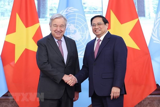 Thủ tướng Phạm Minh Ch&iacute;nh v&agrave; Tổng Thư k&yacute; Li&ecirc;n hợp quốc Ant&oacute;nio Guterres. (Ảnh: Dương Giang/TTXVN) &nbsp;