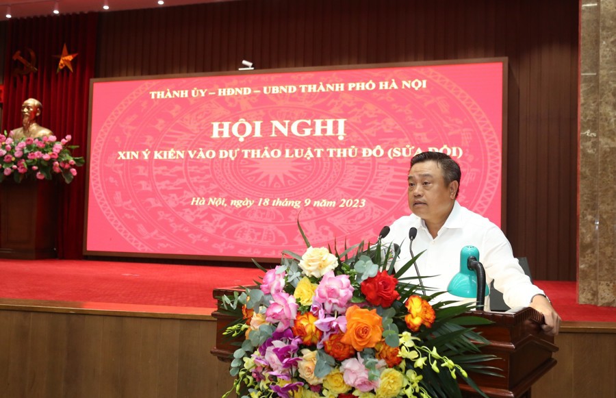 Chủ tịch UBND TP H&agrave; Nội Trần Sỹ Thanh ph&aacute;t biểu đề dẫn hội nghị.