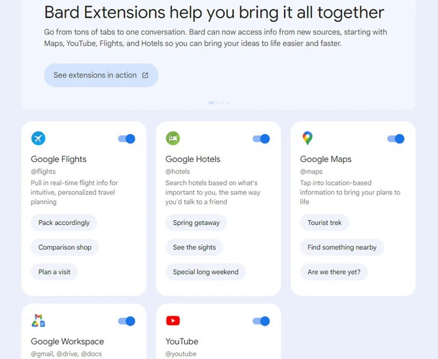 Người d&ugrave;ng c&oacute; thể lựa chọn cho ph&eacute;p Bard truy cập c&aacute;c dịch vụ n&agrave;o của Google.