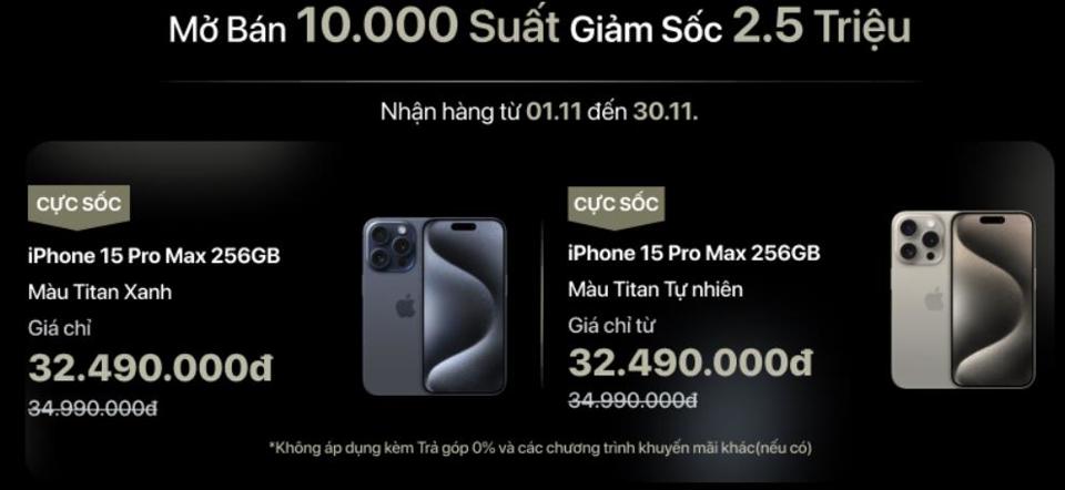 &nbsp;iPhone 15 Pro Max 256GB giảm gi&aacute; 2,5 triệu cho 10.000 người mua đầu ti&ecirc;n