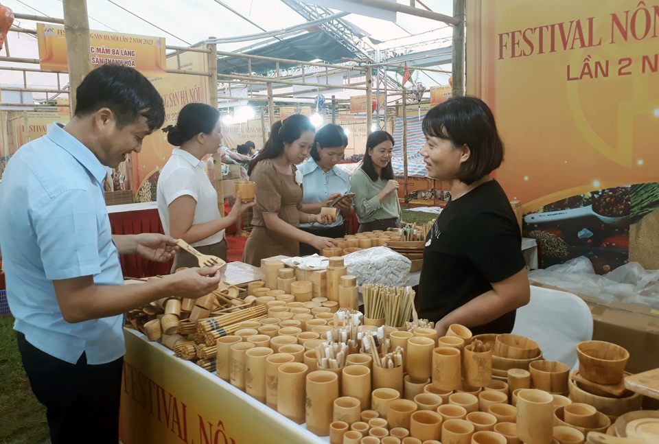 Người ti&ecirc;u d&ugrave;ng mua sản phẩm Việt tại Festival n&ocirc;ng sản H&agrave; Nội lần 2 năm 2023 tổ chức tại huyện S&oacute;c Sơn. Ảnh: Ho&agrave;i Nam