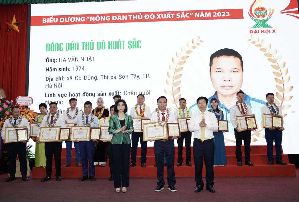 Ph&oacute; Chủ tịch Trung ương Hội N&ocirc;ng d&acirc;n Việt Nam Nguyễn Xu&acirc;n Định v&agrave; Ph&oacute; Chủ tịch Thường trực HĐND TP H&agrave; Nội Ph&ugrave;ng Thị Hồng H&agrave; trao danh hiệu N&ocirc;ng d&acirc;n Thủ đ&ocirc; xuất sắc năm 2023 cho hội vi&ecirc;n n&ocirc;ng d&acirc;n.